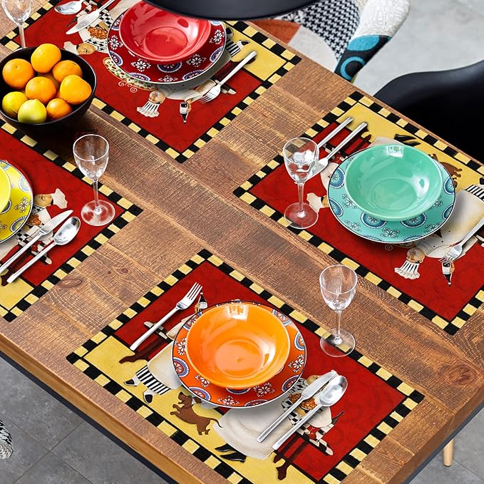 Giwawa Fat Chef Placemats Italian Pizza Bistro Anti-Fatigue Red Wine Linen Table Mat Set of 4 Cooking Food Heat Stain Resistant Place Mats for Dining Kitchen Party Holiday Decoration