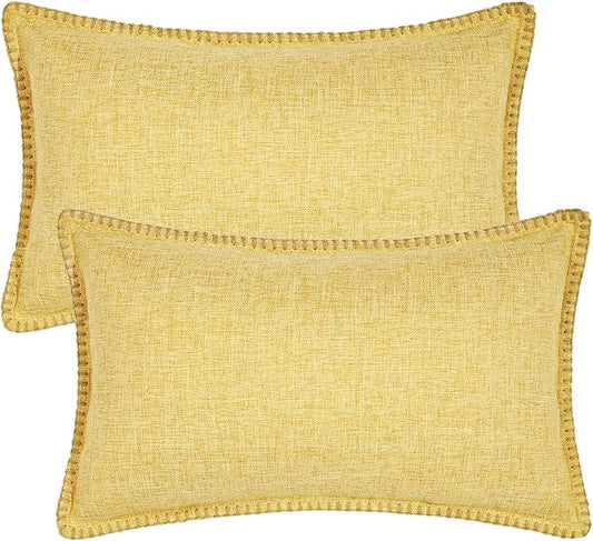 decorUhome Decorative Outdoor Throw Pillow Covers 12x20 Set of 2, Lumbar Linen Rustic Neutral Farmhouse Euro Pillow Covers with Stitched Edge for Couch, Sofa, Living Room, Mustard Yellow