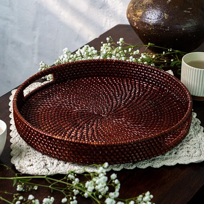 JUNGLE CULTURE Large Rattan Serving Tray 14" in Brown • Round Table Basket • Wicker Ottoman Trays with Handles for Coffee Table, Bed Side or Couch • Flat Circle Woven Tray • Boho Farmhouse Decor