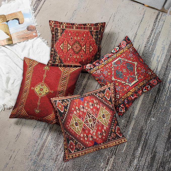 Britimes Throw Pillow Covers Geometric Kilim Moroccan Home Decor Set of 4 Oriental Ikat Pillow Cases Living Room Decorative 20 x 20 Inches Cushion Couch Sofa Pillowcases Colorful Red Tribal