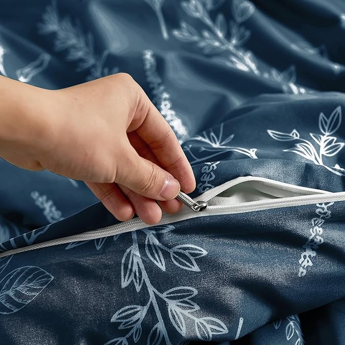 MUXHOMO Duvet Cover Queen Size, Reversible Floral Navy Duvet Cover Set with Zipper Closure, 3 Pieces Botanical Patterns Soft Microfiber Bedding Set with 4 Ties (90"x90", 2 Pillow Cases)