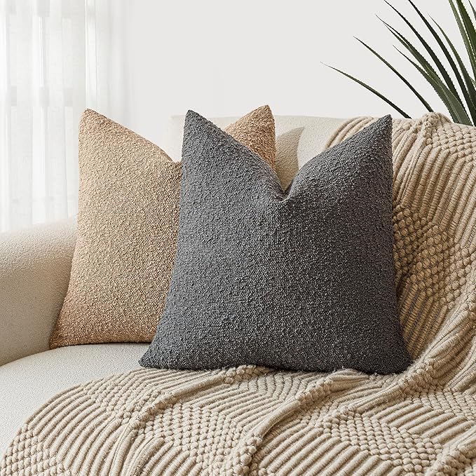 Foindtower Set of 2, Decorative Textured Boucle Throw Pillow Covers Accent Solid Pillow Cases Neutral Soft Cozy Couch Cushion Case for Chair Sofa Bedroom Living Room Home Decor 24 x 24 Inch Dark Grey