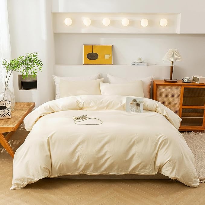 ECOCOTT Duvet Cover Queen Size - 3 Piece 100% Washed Cotton Bedding Set, Soft and Breathable with Zipper Closure & 8 Corner Ties - Comfortable and Stylish for All Seasons (Cream)