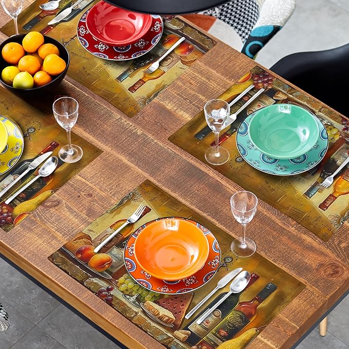 Giwawa Wine Placemats Set of 4 Vintage Style Red Wine Glasses Bottles Linen Table Place Mats Washable Non-Slip Heat Resistance 12"x18" for Kitchen Dining Farmhouse Party Decor