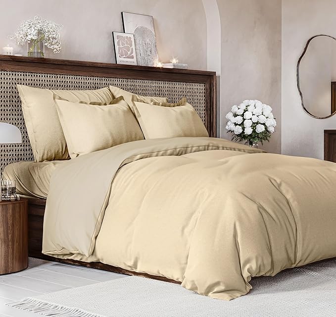 Duvet Cover Queen Size Set - Extra Soft Queen Size Duvet Cover 90 x 90 with 2 Pillow Shams - Hotel Luxury Easy Care & Fade Free w/Zipper Closures & Ties - Comfy Breathable Bedding Set (Heathered Tan)