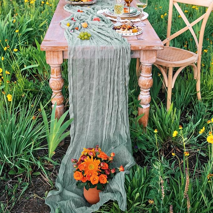 DOLOPL ST Patricks Day Table Runner Sage Green Cheesecloth Table Runner 10FT Spring Cheese Cloth Table Runner for Baby Shower Decorations Centerpiece Birthday Party Boho Decoration