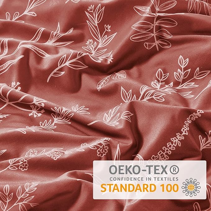 MUXHOMO Duvet Cover Queen Size, Reversible Floral Terracotta Duvet Cover Set with Zipper Closure, 3 Pieces Botanical Patterns Soft Microfiber Bedding Set with 4 Ties (90"x90", 2 Pillow Cases)