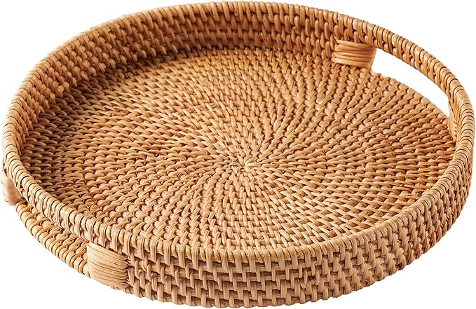 JUNGLE CULTURE Rattan Serving Tray 12" in Natural Honey • Woven Serving Trays with Handles for Home • Round Decorative Circle Table Tray • Boho Wicker Serving Basket for Ottoman, Coffee Table, Couch