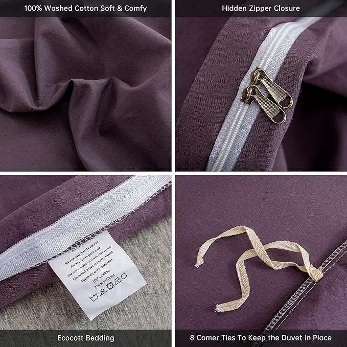 ECOCOTT Purple Duvet Cover Super King Size - 100% Washed Cotton Durable Soft Comfy Duvet Cover Set, 3 Pieces Duvet Cover with Zipper Closure (108''x98'')