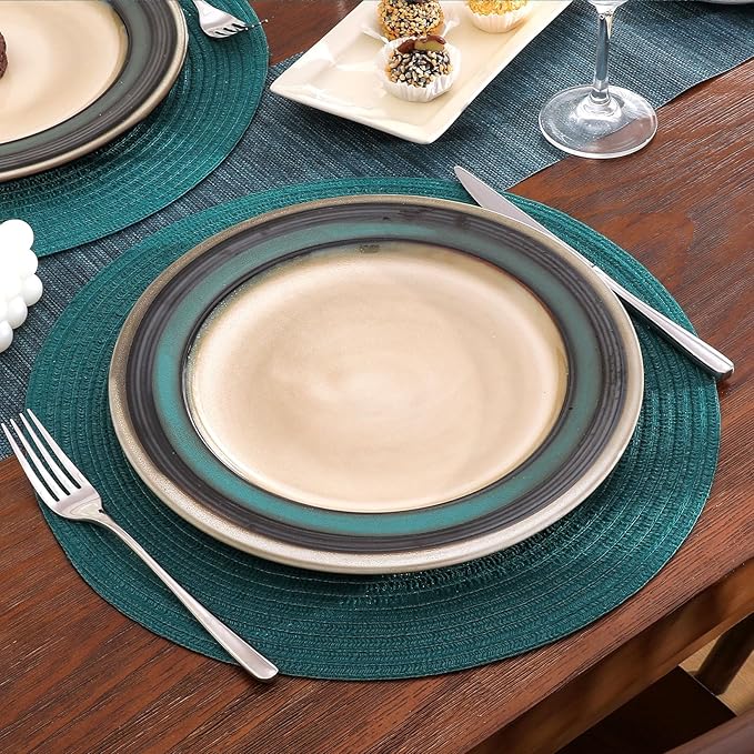 SHACOS Round Placemats Set of 6 Washable 15 inch Round Table Mats Cotton Polyester Woven Braided Place Mats for Dining Table, Teal Green
