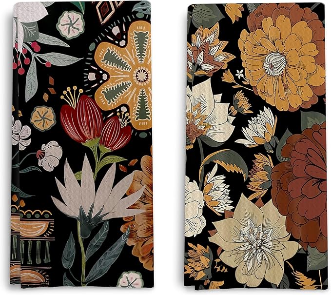 Abstract Floral Kitchen Dish Towels - Vintage Waffle Weave Kitchen Towels, Retro Flower Waffle Weave Decorative Kitchen Towels, Boho Hand Towels for Bathroom (16×24 Inches)