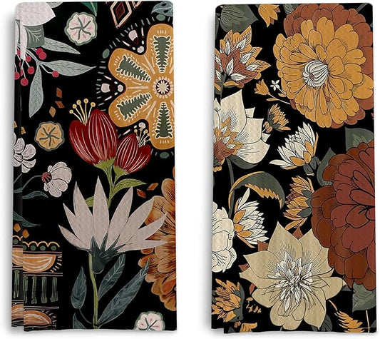 Abstract Floral Kitchen Dish Towels - Vintage Waffle Weave Kitchen Towels, Retro Flower Waffle Weave Decorative Kitchen Towels, Boho Hand Towels for Bathroom (16×24 Inches)