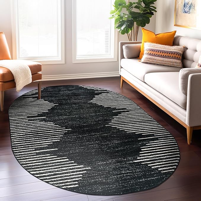 Rugshop Bohemian Stripe Stain Resistant High Traffic Living Room Kitchen Bedroom Dining Home Office Oval Area Rug 5' x 7' Black