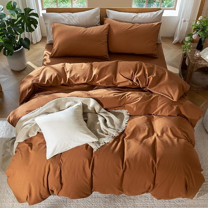 MooMee Bedding Duvet Cover Set 100% Washed Cotton Linen Like Textured Breathable Durable Soft Comfy (Solid Dark Orange, Palatial King/Oversized King 120"x98")