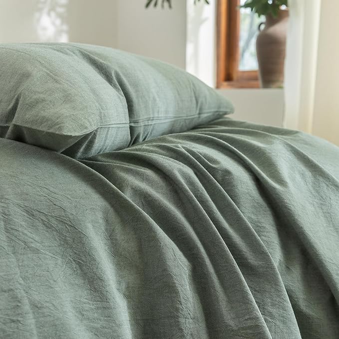 FOSSA Duvet Cover Set 100% Washed Cotton Linen Feel Super Soft Breathable Cozy Simple Style 3 Pieces Bedding Sets Solid Heathered Green Oversized King Plus
