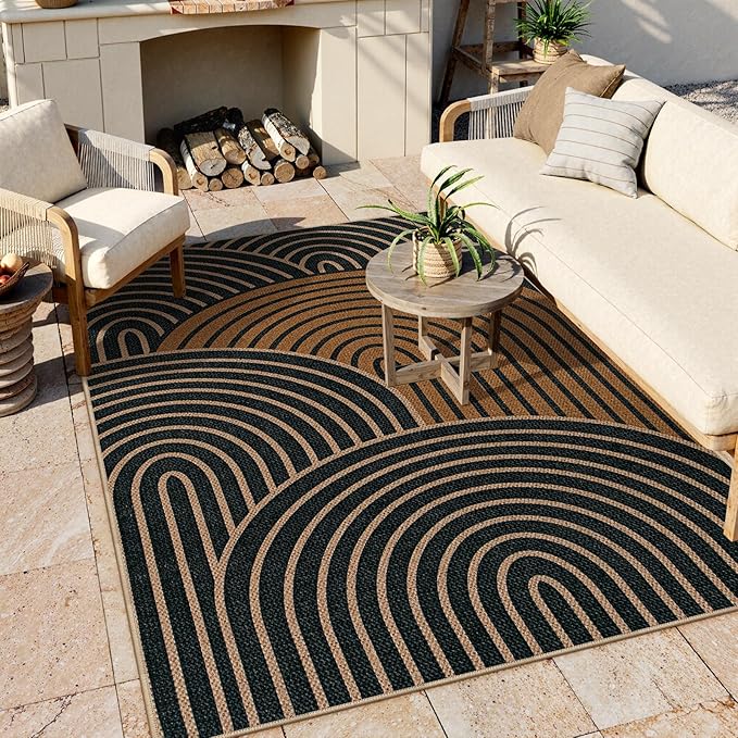 Lahome Modern Rainbow Easy Jute Carpet, Washable Rugs 5x7 for Living Room Black Farmhouse Dining Room Rug, Contemporary Natural Throw Mat Non Slip Floor Carpet for Office RV Patio