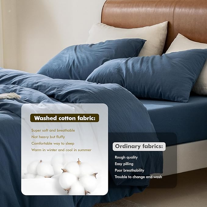 FOSSA Duvet Cover Set 100% Washed Cotton 3 Pieces Bedding Set Twill Soft Cozy Breathable Sturdy Substantial with Textured Weave Solid Federal Blue King