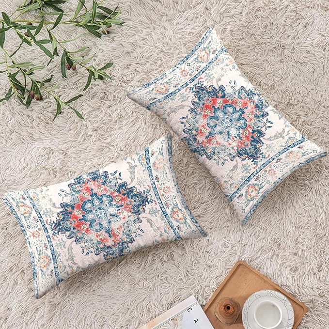 Boho Throw Pillow Covers 12x20 inch Set of 2,Boho Vintage Carpet Pattern Antique Ethnic Decor Double Sided Pattern Cushion Cover Soft Pillow Case Living Sofa Room Bed Square Pillow Cover