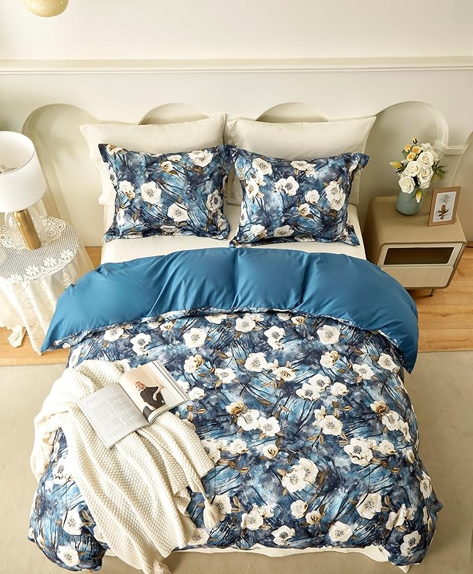 Cupocupa Boho Floral Duvet Cover Twin Set - Watercolor Botanical Microfiber Bedding, Vintage Coastal Style with Hidden Zipper & Corner Ties, Fade/Stain/Wrinkle Resistant (1 Cover + 1 Pillowcase)