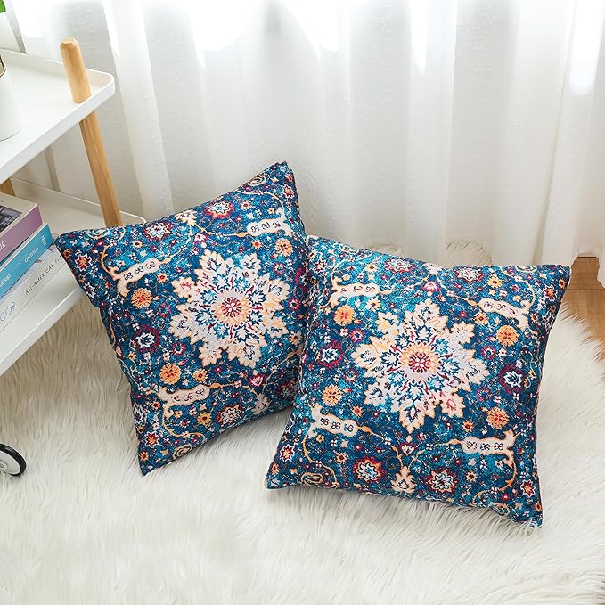 Boho Throw Pillow Covers 18x18 inch Set of 2,Boho Vintage Carpet Pattern Antique Ethnic Decor Double Sided Pattern Cushion Cover Soft Pillow Case Living Sofa Room Bed Square Pillow Cover
