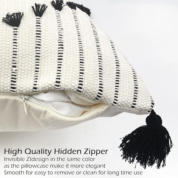 LIGICKY Decorative Boho Tassel Throw Pillow Covers for Couch Sofa Bedroom Living Room Home Decoration Diamond Square Woven Cotton Cushion Cover Modern Black and White Pillow Cases, 18 x 18 Inch