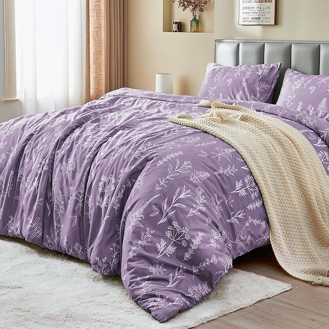 MUXHOMO Duvet Cover Queen Size, Reversible Floral Grayish Purple Duvet Cover Set with Zipper Closure, 3 Pieces Botanical Patterns Soft Microfiber Bedding Set with 4 Ties (90"x90", 2 Pillow Cases)