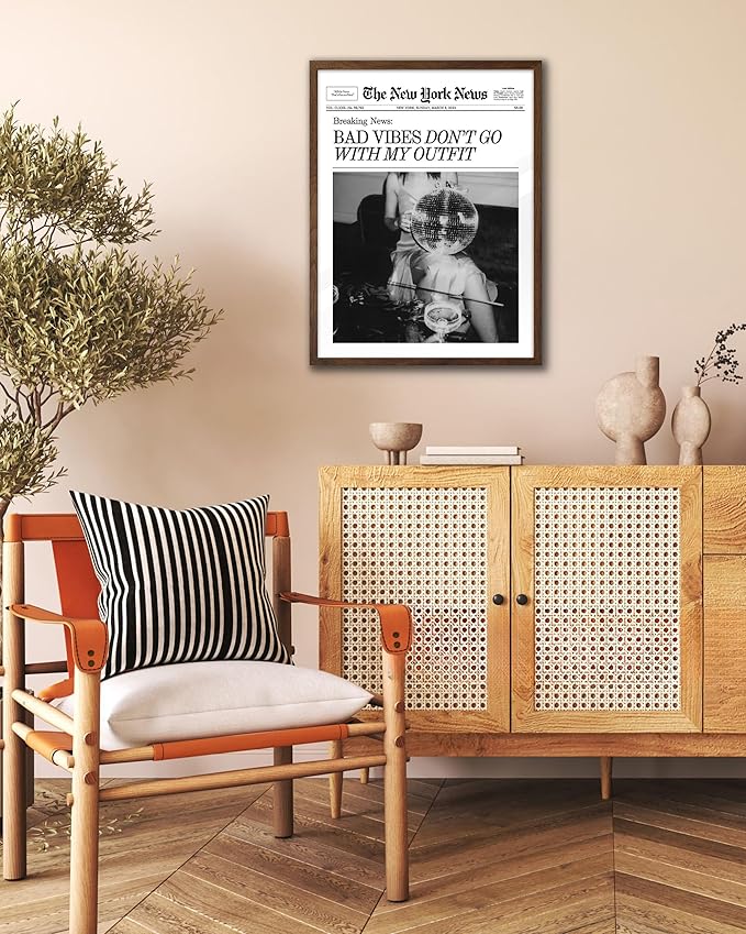 EcoHest Unframed Trendy Newspaper Magazine Wall Art, 12x16 in Bad Vibes Don't Go With My Outfit Disco Bar Canvas Wall Art, Preppy Retro Home Decor For Bedroom Living Room 1Pack