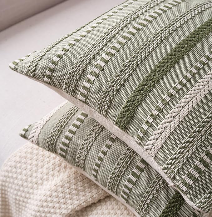 Boho Throw Pillow Covers 18x18 Inch Set of 2, Farmhouse Decorative Couch Pillow Cases, Green Accent Pillows of Bed, Sofa Bedroom Living Room Home Decor Cushion Cover