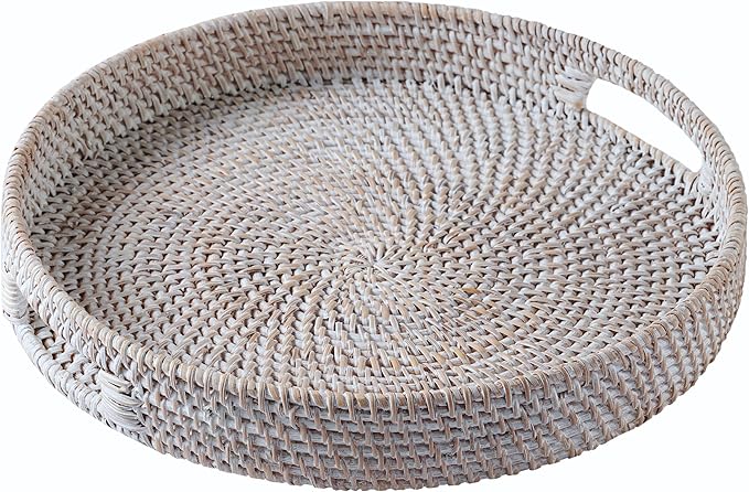 JUNGLE CULTURE Rattan Serving Tray 12" in Whitewash • Woven Serving Trays with Handles for Home • Round Decorative Dining Table Tray • Boho Wicker Serving Basket for Ottoman, Coffee Table, Couch
