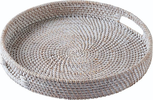 JUNGLE CULTURE Rattan Serving Tray 12" in Whitewash • Woven Serving Trays with Handles for Home • Round Decorative Dining Table Tray • Boho Wicker Serving Basket for Ottoman, Coffee Table, Couch
