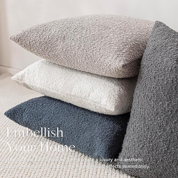 Foindtower Set of 2, Decorative Textured Boucle Throw Pillow Covers Accent Solid Pillow Cases Soft Cozy Couch Cushion Case for Chair Sofa Bedroom Living Room Home Decor 26 x 26 Inch Neutral Grey