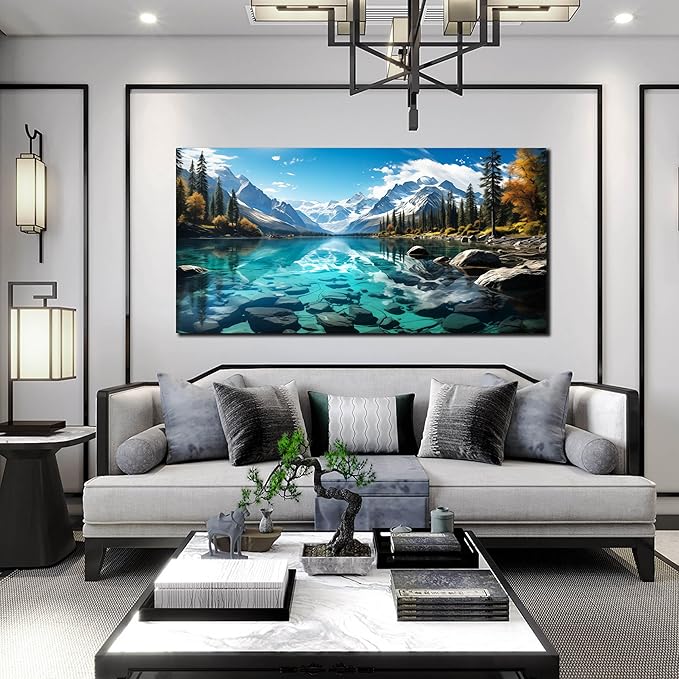 LAOTOART Snowy Mountain Wall Canvas Art for Living Room - Natural Landscape Art Work for Office Walls - Teal Bedroom Wall Decor Above Bed Size 24" x 48"