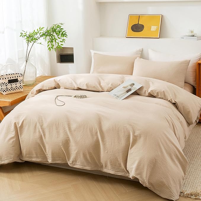 ECOCOTT Duvet Cover Set, 100% Washed Cotton Linen-Like Textured Soft & Breathable, Durable Comfy Bedding Set for All Seasons (Khaki, Super Queen)