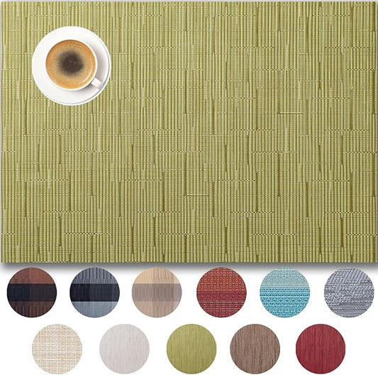 Placemats Set of 8 - Easy Clean Woven Vinyl Placemats for Dining Table, Indoor/Outdoor Place Mats, Washable PVC Table Mats （Pea Green）