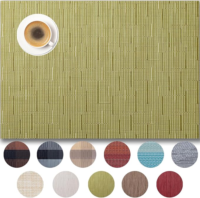 Placemats Set of 6 - Easy Clean Woven Vinyl Placemats for Dining Table, Indoor/Outdoor Place Mats, Washable PVC Table Mats （Pea Green）