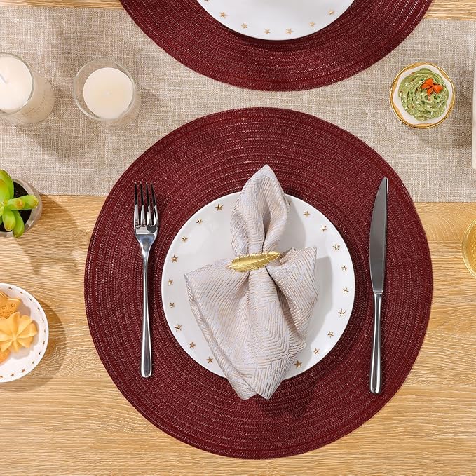 SHACOS Round Placemats Set of 6 for Dining Table 15 inch Round Braided Place Mats Washable Non Slip Kitchen Table Mats, Burgundy