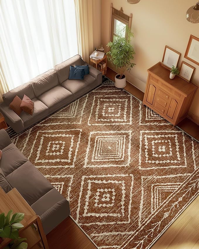 Area Rug 8x10 Rug Machine Washable Non-Slip Low Pile Print Pattern Western Rug for Living Room Bedroom Entryway Tribal Series -Yellowbrown/Cream