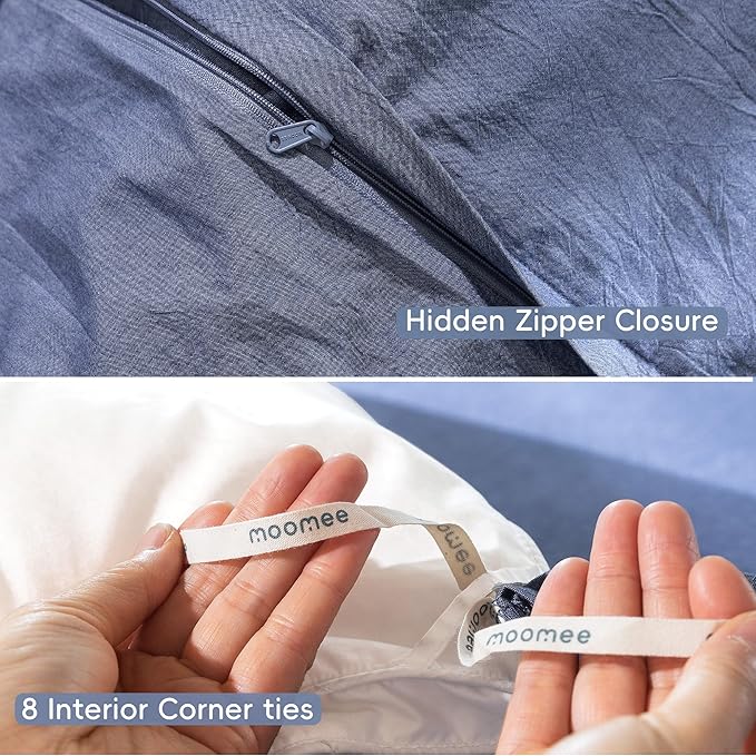 MooMee Bedding Duvet Cover Set 100% Washed Cotton Linen Like Textured Breathable Durable Soft Comfy (Heathered Blue, Cal King 104"x98")