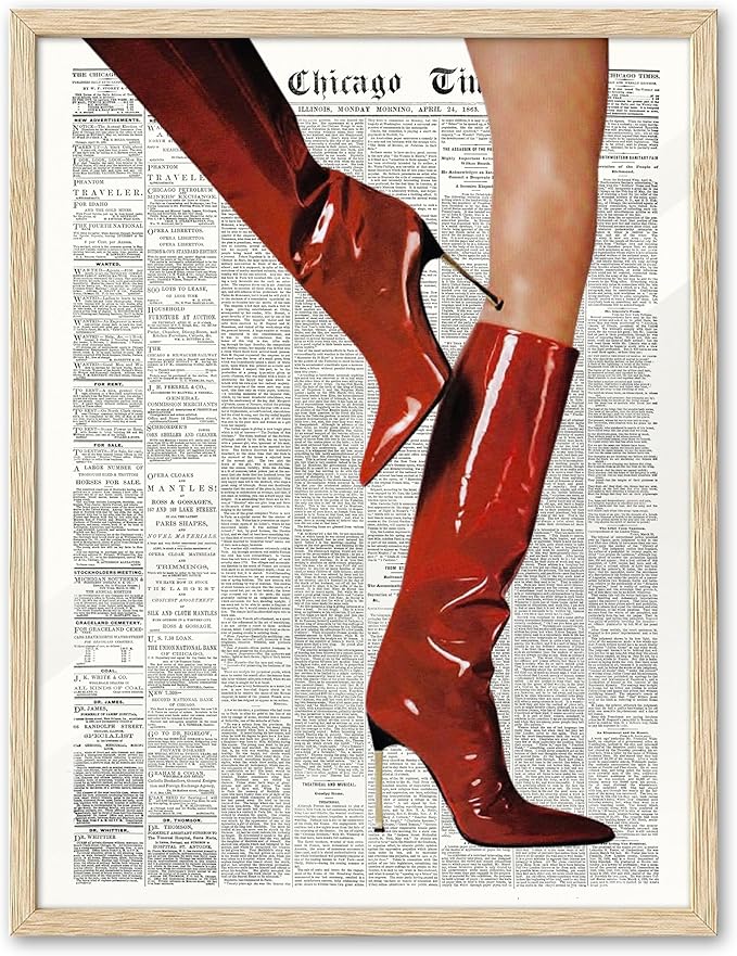 EcoHest Small Trendy Newspaper Red Boots Framed Wall Art, 8x10 in OAK Wood Fashion Icon Canvas Wall Art, Magazine Home Decor, Beige Logs Retro Set of 1 for Bedroom Living Room
