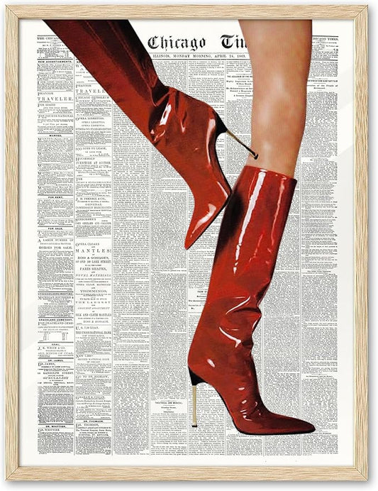 EcoHest Trendy Newspaper Red Boots Framed Wall Art, 12x16 in OAK Wood Fashion Icon Canvas Wall Art, Magazine Home Decor, Beige Logs Retro Set of 1 for Bedroom Living Room
