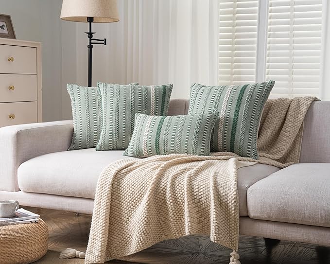 Boho Throw Pillow Covers 20x20 Inch Set of 2, Farmhouse Decorative Couch Pillow Cases, Light Green Accent Pillows of Bed, Sofa Bedroom Living Room Home Decor Cushion Cover