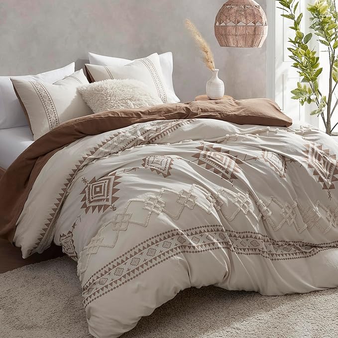 Oli Anderson Boho Duvet Cover Set King Size, Beige and Terracotta Color Clash 3 Pieces Microfiber Bedding Set, Durable and Super Soft Duvet Covers with Zipper and Ties, 104"*90"