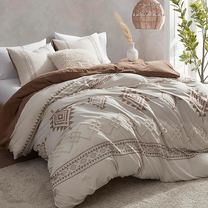 Oli Anderson Boho Duvet Cover Set Queen Size, Beige and Terracotta Color Clash 3 Pieces Microfiber Bedding Set, Durable and Super Soft Duvet Covers with Zipper and Ties, 90"*90"