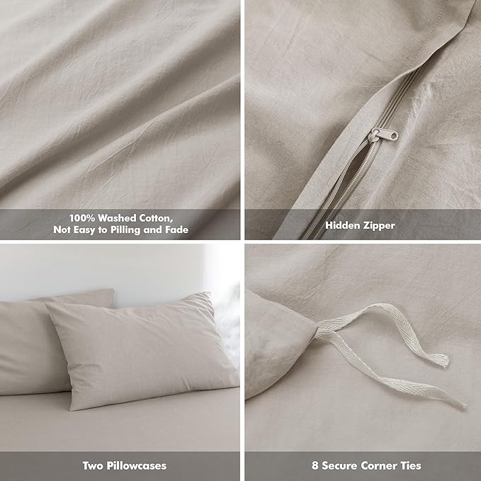 FOSSA Duvet Cover Set 100% Washed Cotton Linen Feel Super Soft Breathable Cozy 3 Pieces Bedding Sets Solid Cream Grey Super Queen