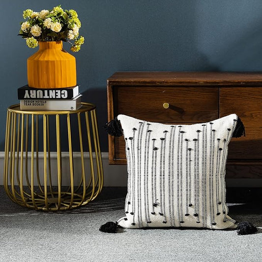 LIGICKY Boho Throw Pillow Covers with Tassel Decorative Square Woven Pillowcase for Couch Sofa Bed, Black and White 18x18 Inch