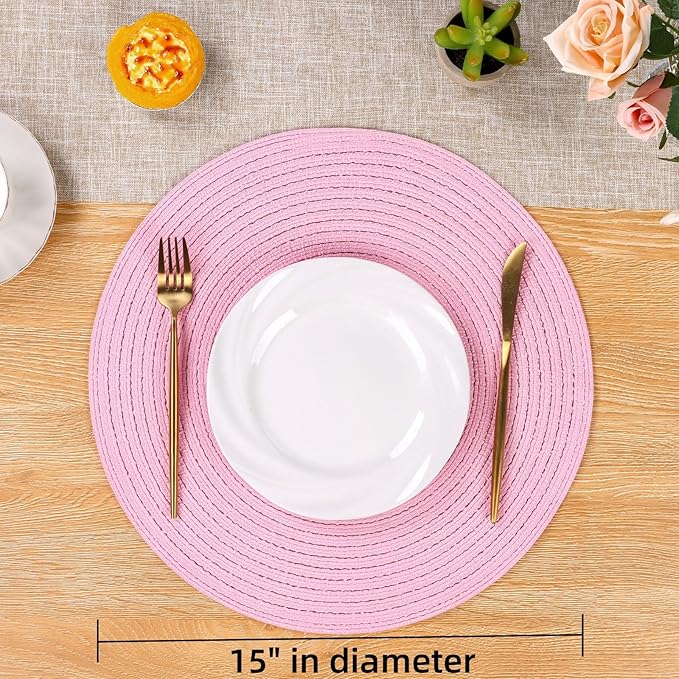 SHACOS Round Braided Placemats Set of 6 Round Table Mats for Dining Tables 15 inch Washable Non Slip Placemats (Pink, 6)