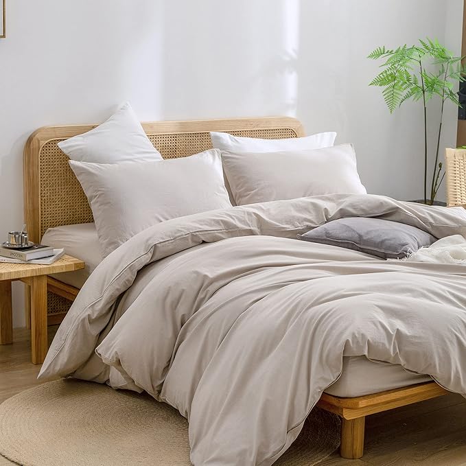 BESTOUCH Duvet Cover Set 100% Washed Cotton Linen Feel Super Soft Comfortable Chic Lightweight 3 PCs Home Bedding Set Solid Linen Grey Oversized Queen