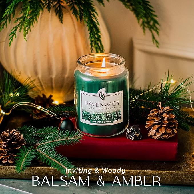 Havenwick Balsam & Amber Soy Blend 22-oz Large Jar Candle, Long Lasting 110-130 Hour Burn Time with Single Cotton Wick, Perfect Holiday Pine Scented Candles for New Home Gift & Christmas Gift