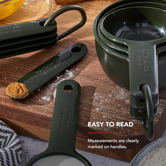 KitchenAid Plastic Measuring Cups and Spoon Set, Set of 9, /4, 1/2, 1/3, and 1 cup sizes, and 1 tbsp, 1/2 tbsp, 1 tsp, 1/2 tsp and 1/4 tsp, Evergreen