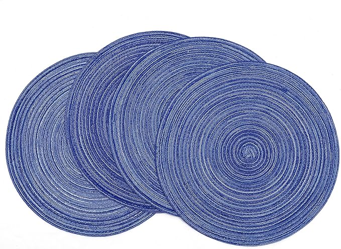 SHACOS Round Braided Placemats 15 inch Set of 4 Washable Kitchen Table Placemats for Home Wedding Party (Blue White, 4)
